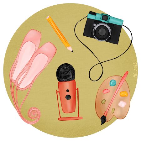 An illustration of pink ballet shoes, a pencil, a retro teal and black camera, an orange and black microphone and a paint palette with green, pink, teal, yellow and light pink paint and a pink paintbrush on it over a soft fabric like textured green round background by Mervi Emilia Eskelinen