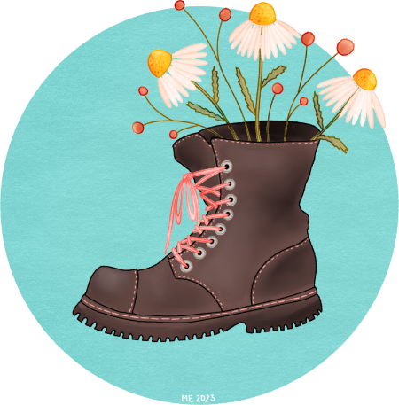 An illustration of an old brown boot with pink laces and flowers in it on a teal background by Mervi Emilia Eskelinen