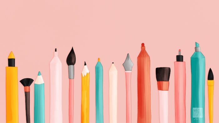 An illustration of assorted colourful art tools, such as pens, pencils and paint brushes, on a pink background with a soft canvaslike texture by Mervi Eskelinen