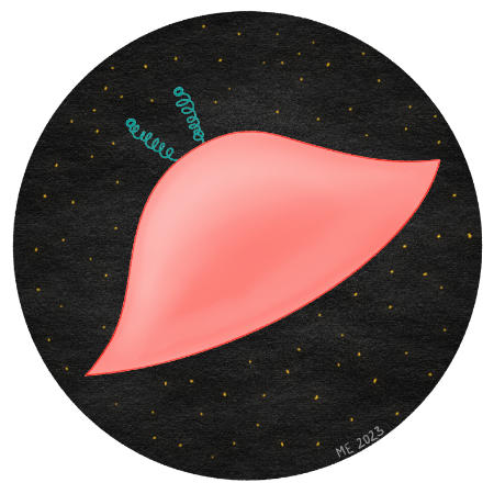 An illustration of a pink retro style UFO over a black space with white dot stars by Mervi Emilia Eskelinen