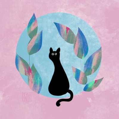 Black Cat, Colourful World, a digital painting of a blob like black cat before a teal/turquoise circle, between colourful branches and leaves on a pink background by Mervi Emilia Eskelinen
