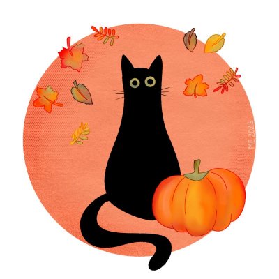 An illustration of a black blob cat with big round green eyes and an orange pumpkin on an orange, softly textured background with a few falling autumn leaves by Mervi Emilia Eskelinen