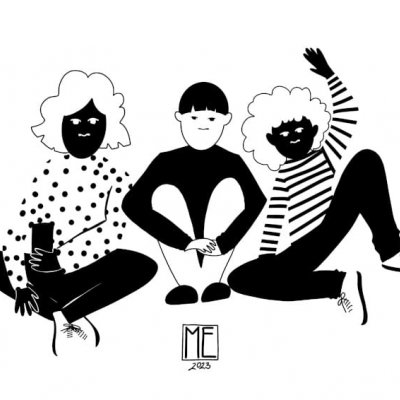 Black and white illustration of three people sitting on floor. The first one from the left is Black, holding a phone and has semi curly blunt bob, dotted shirt and black trousers with sneakers. The second, in the middle, is white with bowl cut, wearing black shirt and white pants with black sneakers, hugging their legs with knees up. The third is Black, holding left hand up as in waving and has curly hair, striped shirt and black trousers with sneakers. By Mervi Eskelinen
