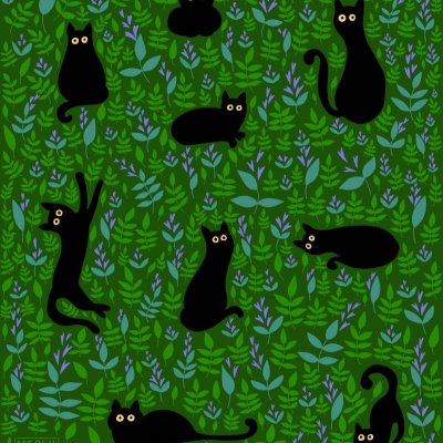 Cats & Catnip, a simplistic illustration of blobby black cats with big round eyes surrounded by stylised green and purple catnip plants by Mervi Emilia Eskelinen