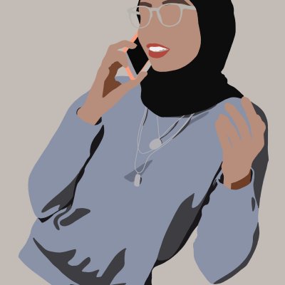 Chat, colour block style illustration of a young woman wearing a hijab and chatting on a phone by Mervi Emilia Eskelinen