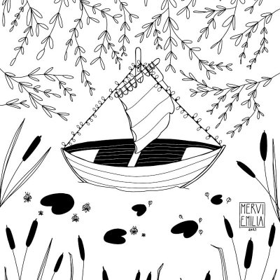 Come Sail Away, black and white line drawing style illustration of a small dingy on a tiny lily pond surrounded by plants by Mervi Emilia Eskelinen