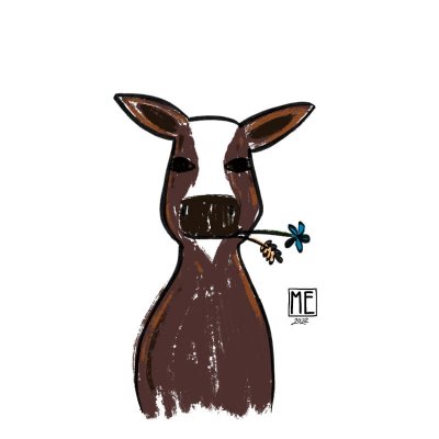 Cow, illustration of a free brown cow looking at you with a grain and a blue flower poking out of the cows mouth by Mervi Emilia Eskelinen