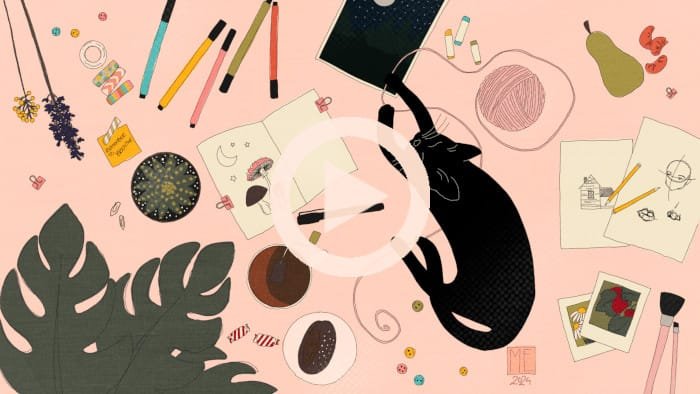 A flat lay style illustration with a black cat sleeping relaxed surrounded by drawings, pens, pencils and oil pastels, a cup of tea and a Finnish cinnamon roll or korvapuusti, masking tape rolls, a pear and tangerine slices, a couple of photos, buttons, a pink roll of yarn, a cactus and some monstera plant leaves by Mervi Eskelinen