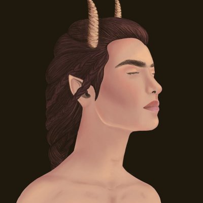 Fantasy, a digital chest portrait drawing of a androgynous humanlike creature facing right with eyes closed and with pointy ears, dark brown hair braided and pointy horns by Mervi Emilia Eskelinen