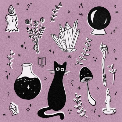 Magic, illustration of assorted magic items (candle, bundle of herbs and flowers, crystals, black crystal ball, crystal, magic potion, black cat, mushroom, magic wand with round crystal and candle) surrounded by herbs and stars on a grainy old rose coloured background by Mervi Emilia Eskelinen