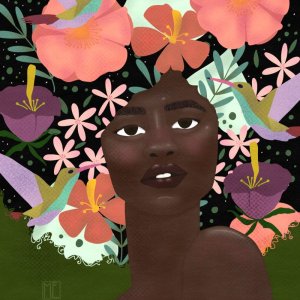 An artwork of a beautiful Black woman apparently not wearing anything on her upper body with hair made of exotic flowers and paradise birds looking straight at you with mouth slightly opened Mervi Emilia Eskelinen