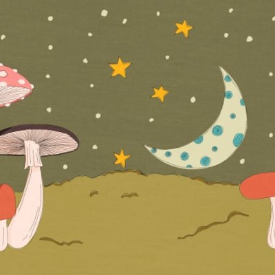 An illustration of brown, pink and orange mushrooms on a green mossy ground and before a green sky with a light greenish moon and yellow stars and light greenish dot stars with a soft canvaslike texture by Mervi Emilia Eskelinen