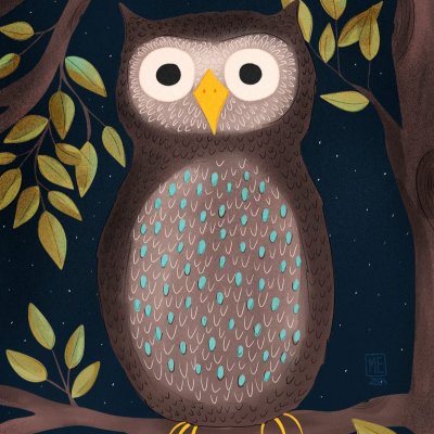 An illustration of a brown owl with teal feathers on its chest surrounded by branches with green leaves on them in front a dark blue sky with white dot stars by Mervi Eskelinen