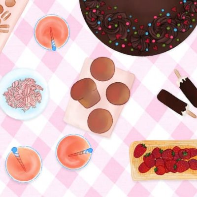 An illustration of assorted party treats, such as candies and chips and soda pop and meringues and cookies and strawberries and ice cream bars on a pink and white soft, fabric like surface by Mervi Emilia Eskelinen