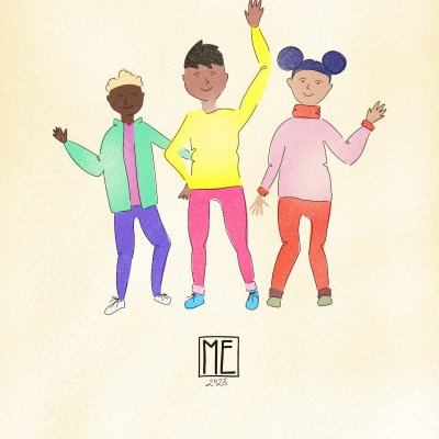 Colourful grainy illustration of three young looking people, first on left with darkest brown skin, light curly short hair wearing green jacket over pink shirt, purple pants and white sneakers, second with slightly lighter brown skin, black short hair wearing yellow shirt, pink pants and teal sneakers and third with tan skin, purple hair in space buns wearing pink and orange turtleneck, orange pants and green shoes by Mervi Eskelinen
