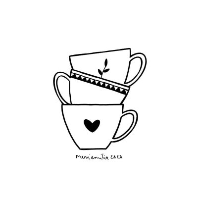 A black and white line drawing style illustration of three same shape coffee cups piled up, with the bottom one decorated with a heart, middle one with a triangle stripe and the top one with a plant illustration by Mervi Emilia Eskelinen