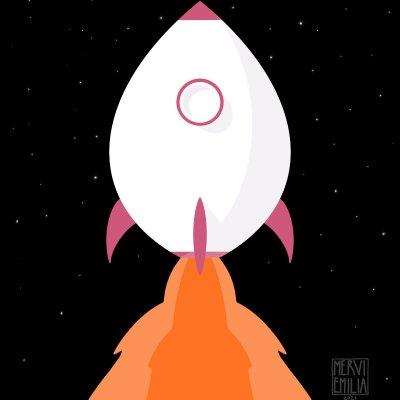 Rocket, illustration of a naive style white and pink space rocket launching to the stars with a plume of orange fire under it by Mervi Emilia Eskelinen