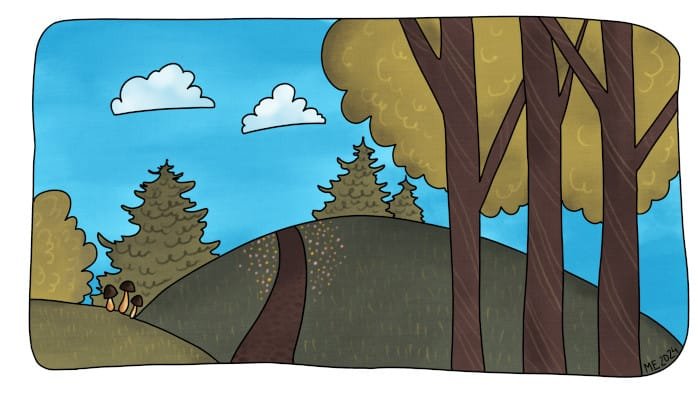 A colourful, cartoonlike illustration of a landscape with trees, a bush, a couple of mushrooms, hills, a road leading to the horizon and a bright blue sky and two fluffy clouds with black lining and a soft canvaslike texture by Mervi Eskelinen