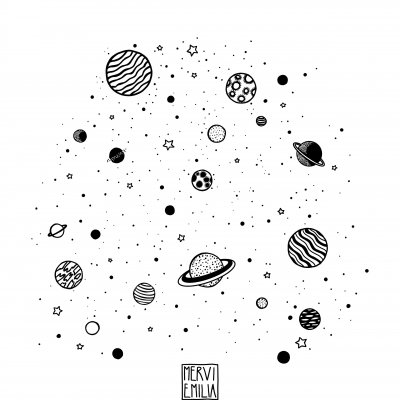 Space Stuffs, line drawing style black and white illustration of stylised planets and other space elements by Mervi Emilia Eskelinen