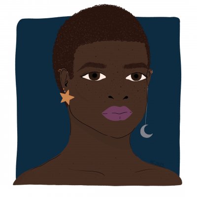 An illustration of a Black woman with short natural hair and freckles wearing lots of earrings, including one gold star shaped and a hanging silver moon by Mervi Emilia Eskelinen