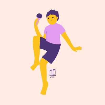 Summer Chill, a limited palette illustration of a person with short spiky dark purple hair, yellow skin, light purple t-shirt and dark purple shorts sitting with one leg dropped down and one knee lifted up, holding a purple ice cream in their right hand by Mervi Emilia Eskelinen