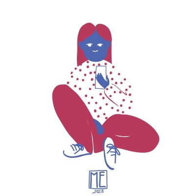 Tap Tap, a two colour illustration of a blue skin person with red long straight hair, wearing a red dotted shirt, red pants and shoes with blue laces and soles sitting with one knee up holding a smartphone in their left hand on a white background by Mervi Emilia Eskelinen