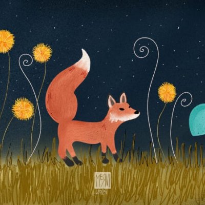 An illustration of an orange fox standing on grass surrounded by huge teal and off white mushrooms, yellow tassellike flowers, and whity swirly things, with pink shelled brown snails on the mushrooms, over a dark blue night sky with dot stars by Mervi Emilia Eskelinen