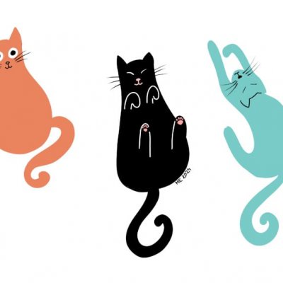 An illustration of three simplistic blob cats: The first one is orange and sitting with big round eyes, the second one is black and laying on its back with eyes closed and pink nose and paw beans, and the third one is teal and pictured from above laying relaxed with eyes closed by Mervi Eskelinen