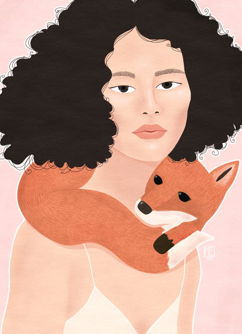 An artwork of a beautiful pale, unspecified Asian woman with black curly bob hair, looking straight at you somewhat unimpressed, wearing a dainty white top and has a live orange fox wrapped around her shoulders. Background is pale pink and there's a thin off white lining around the woman and the fox, and over everything there's a soft paper like texture. The drawing has a bit of a retro, maybe slightly art deco feel by Mervi Eskelinen