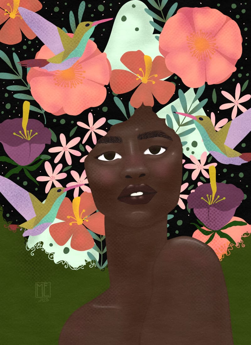 An artwork of a beautiful Black woman apparently not wearing anything on her upper body with hair made of exotic flowers and paradise birds looking straight at you with mouth slightly opened Mervi Emilia Eskelinen