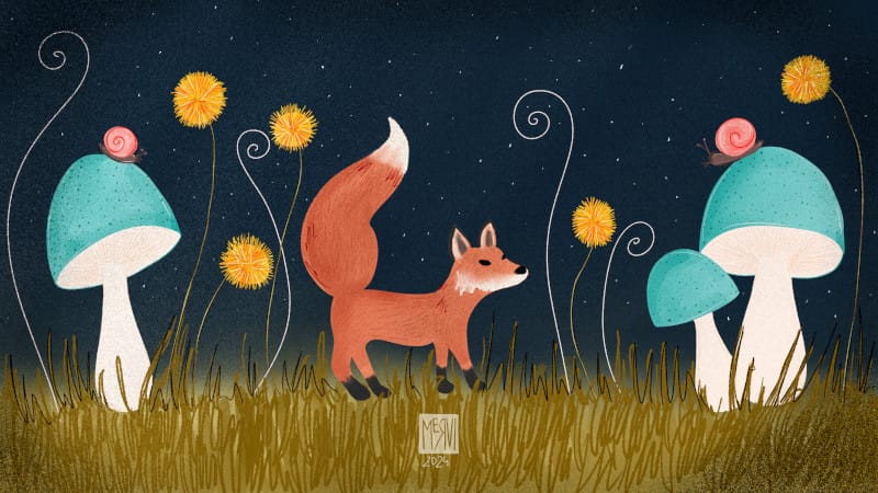 An illustration of an orange fox standing on grass surrounded by huge teal and off white mushrooms, yellow tassellike flowers, and whity swirly things, with pink shelled brown snails on the mushrooms, over a dark blue night sky with dot stars by Mervi Emilia Eskelinen