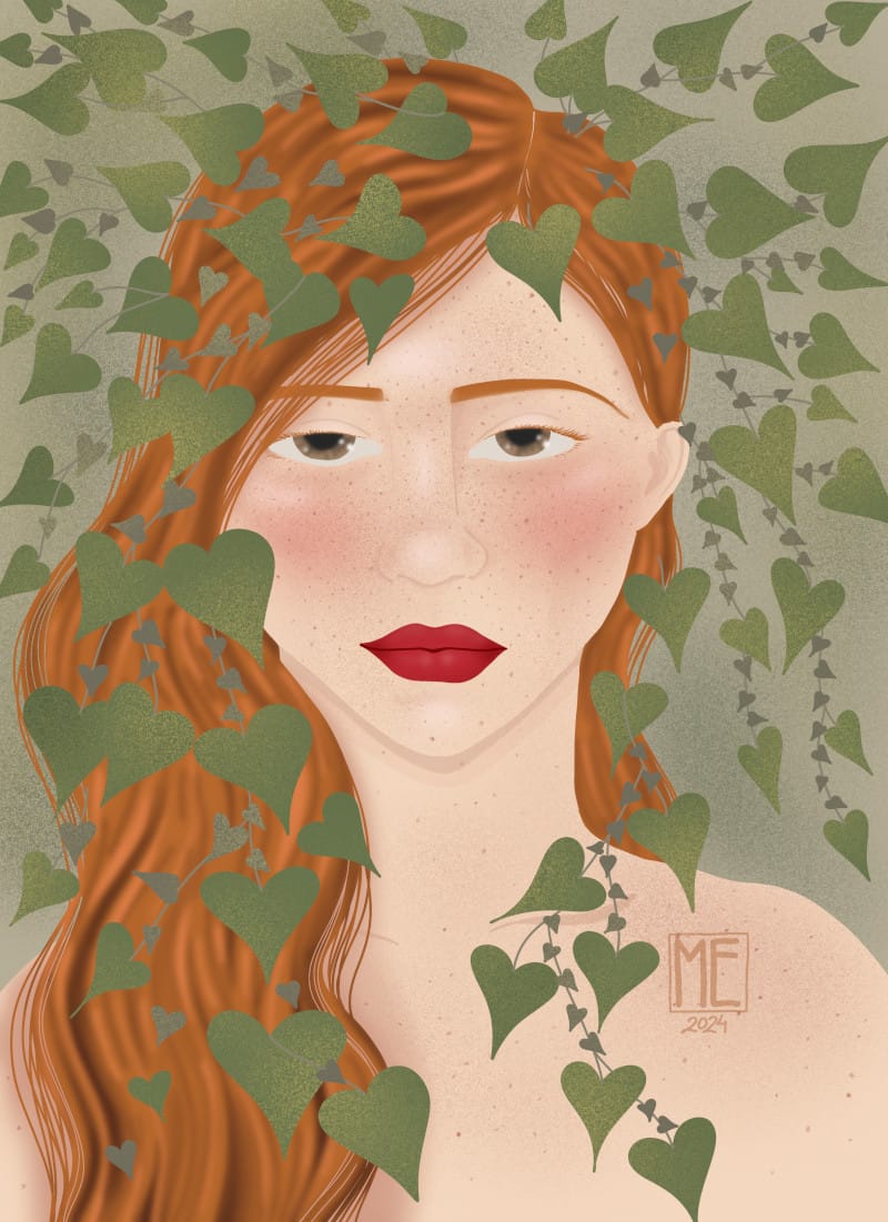 An artwork of a beautiful, pale redhead with freckles and flaming hair on a softly textured green background. There are vines with almost heart shaped leaves growing out of their hair and they look straight at partially under their lids. They have bright red lips and bare shoulders by Mervi Eskelinen