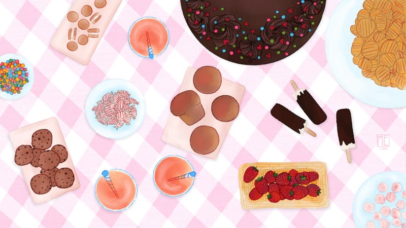 An illustration of assorted party treats, such as candies and chips and soda pop and meringues and cookies and strawberries and ice cream bars on a pink and white soft, fabric like surface by Mervi Emilia Eskelinen