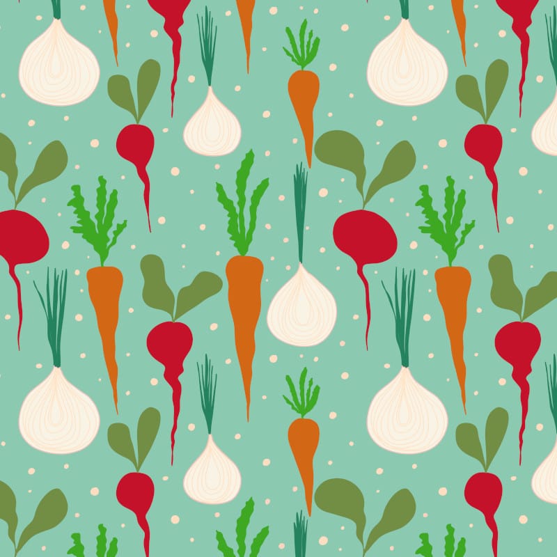 Illustrated repeat pattern of carrots, beetroots and onions a soft turquoise teal background by Mervi Emilia Eskelinen