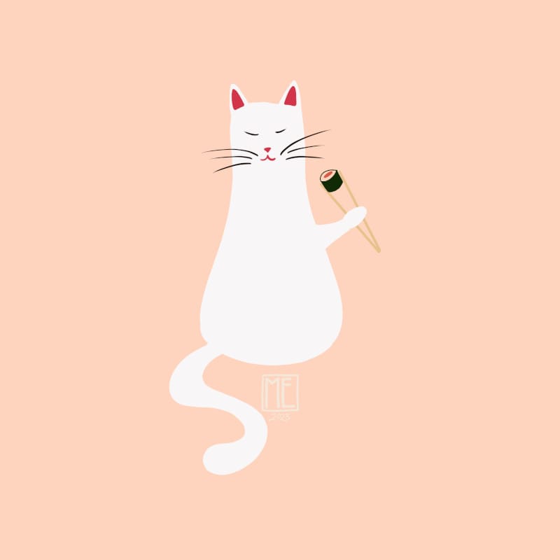 Sushi Cat illustration of a white blob cat sitting with eyes closed and holding what appears to be salmon filled sushi roll in chopsticks with their left paw held up on a light peachy pink background. The cat has pink shaded red inner ears, nose and mouth and black line eyes and whiskers by Mervi Emilia Eskelinen