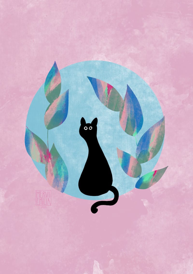 Black Cat, Colourful World, a digital painting of a blob like black cat before a teal/turquoise circle, between colourful branches and leaves on a pink background by Mervi Emilia Eskelinen