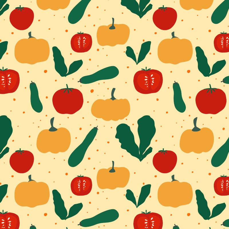 Illustrated repeat pattern of yellow bell peppers, kale, red tomatoes and zucchinis on a soft yellow background by Mervi Emilia Eskelinen