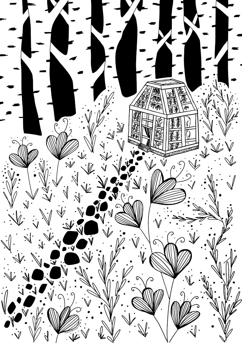 Hidden Garden, black and white line drawing style illustration of a mystical garden hidden within birches with a small greenhouse Mervi Emilia Eskelinen