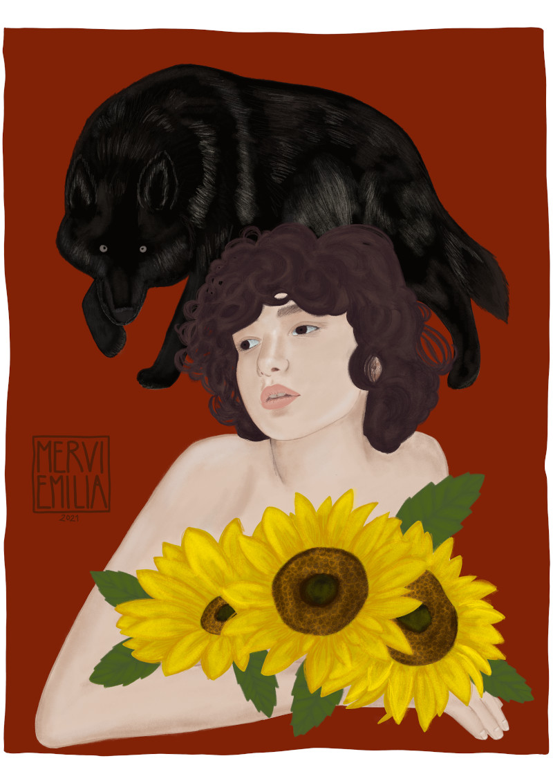 Innocence, digital painting of an androgynous young person with big sunflowers in their arms being stalked by a black wolf on a red background by Mervi Emilia Eskelinen