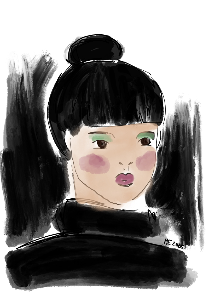 A simplified fashion style portrait of a woman with light brown skin, red lips and cheeks, green eyeshadow and black hair worn in high bun, wearing a black turtleneck shirt with ink style background by Mervi Eskelinen