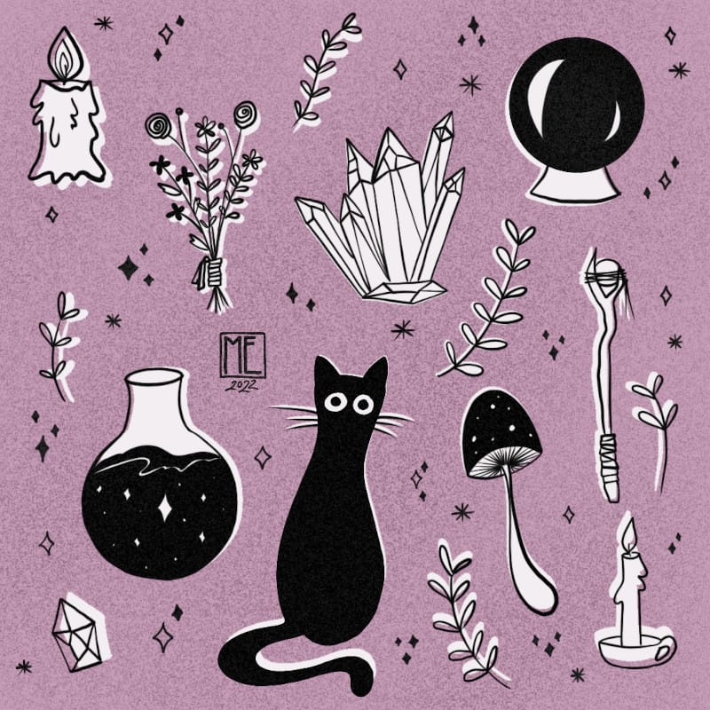 Magic, illustration of assorted magic items (candle, bundle of herbs and flowers, crystals, black crystal ball, crystal, magic potion, black cat, mushroom, magic wand with round crystal and candle) surrounded by herbs and stars on a grainy old rose coloured background by Mervi Emilia Eskelinen