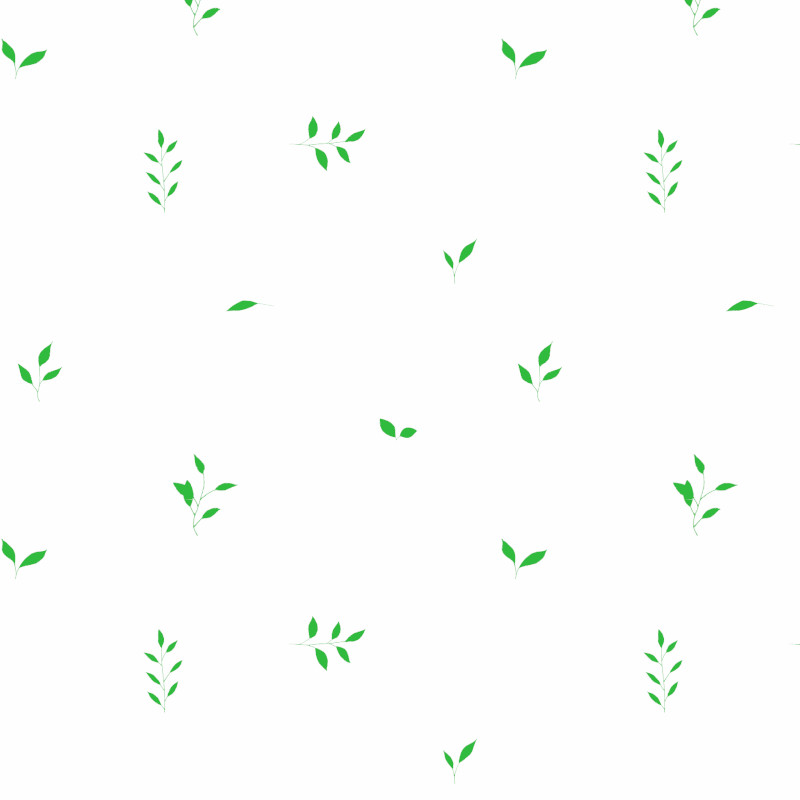 Illustrated repeat pattern of simple small green leafy plants on a white background by Mervi Emilia Eskelinen