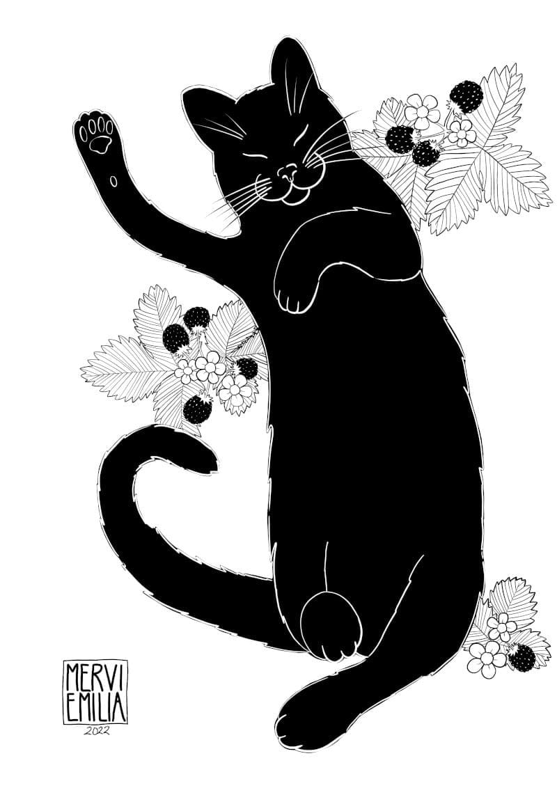 Summer Cat, black and white illustration of a happy black cat laying on its back with one front paw stretched out as if it's waving surrounded by wild strawberries by Mervi Emilia Eskelinen