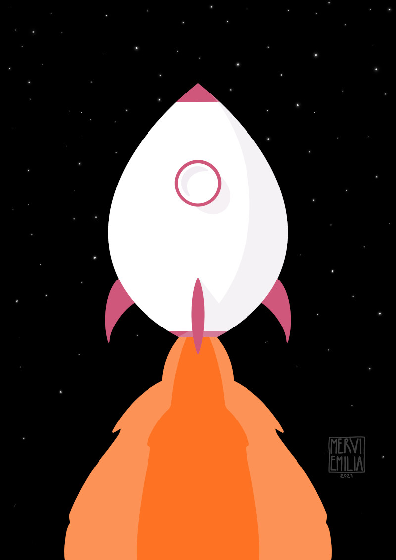 Rocket, illustration of a naive style white and pink space rocket launching to the stars with a plume of orange fire under it by Mervi Emilia Eskelinen