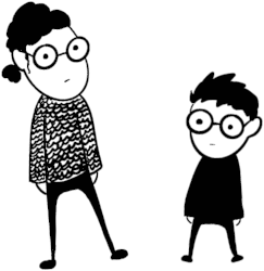 Illustration of two webcomic characters both wearing glasses, a tall guy with long curly hair as a low bun wearing a woolly shirt and black pants, and a short guy with short spiky hair wearing black clothes by Mervi Emilia Eskelinen